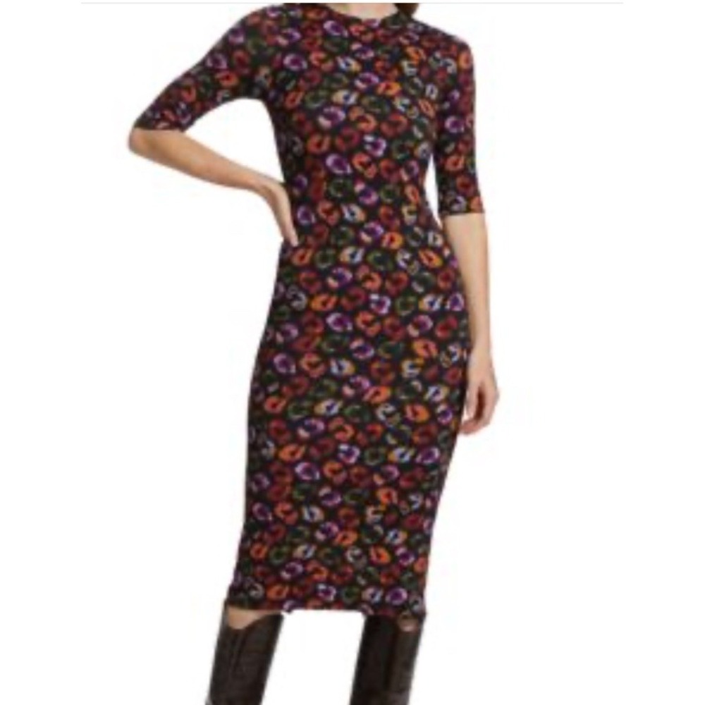 FARM Rio Leopard Print‎ Jersey Sheath Dress in Black Ikat-Dyed Size S